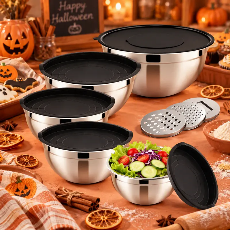 【Halloween Find】5-Piece Multi-Size Round Shape Airtight Food Grade Stainless Steel Durable Bowls (1.5/2.1/3.5/4/4.5 QT) with Lids, 3 Grater Attachments, Stackable Kitchen Tools for Baking, Salad Prep, Outdoor Safe Use