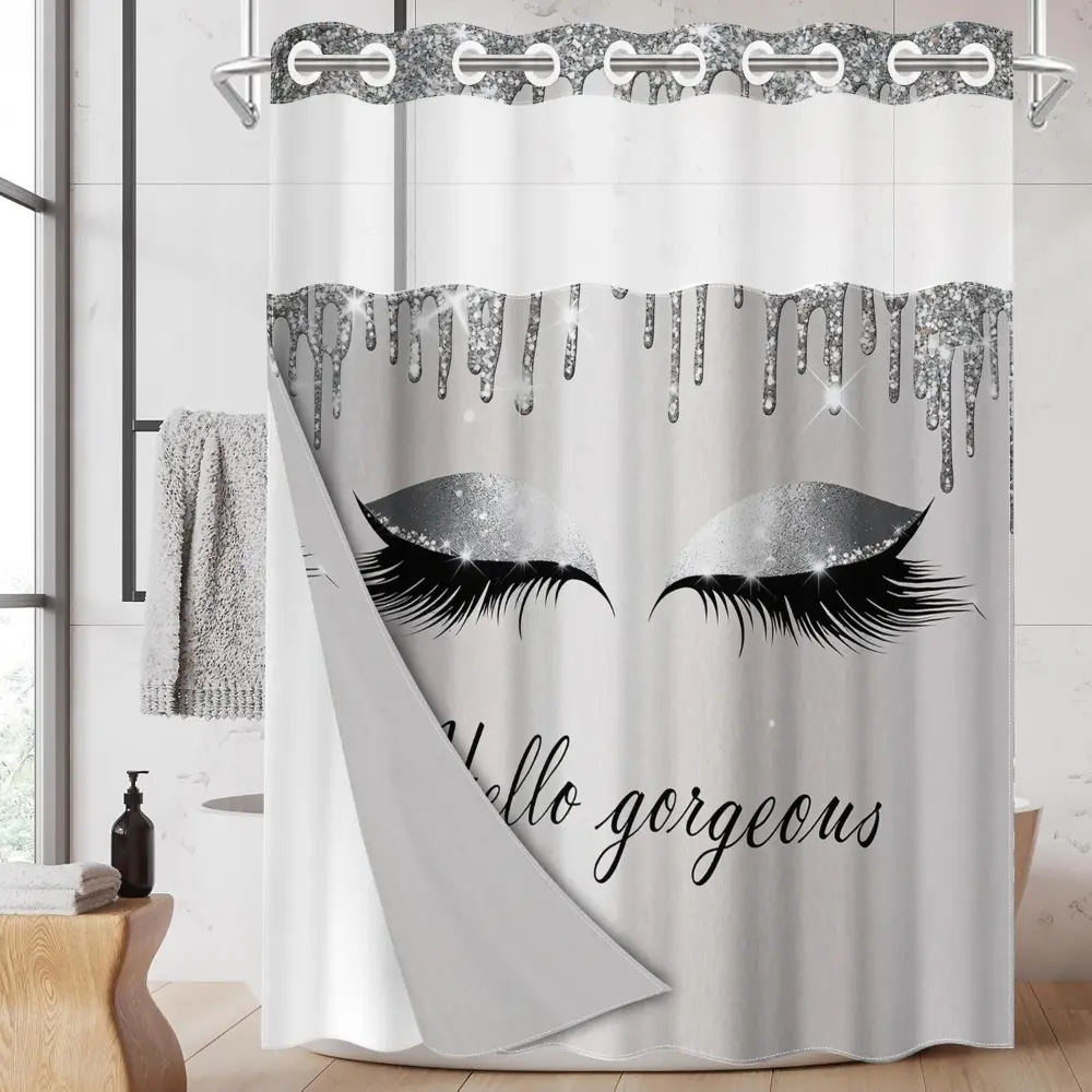 1pc hookless shower curtain with buckle lining, Aesthetic shower curtain, silver sequined eyelash Hello lettering design, 2D flat printing, fabric waterproof lining, see-through double-layer shower curtain, 71 x 74 inches, Cute