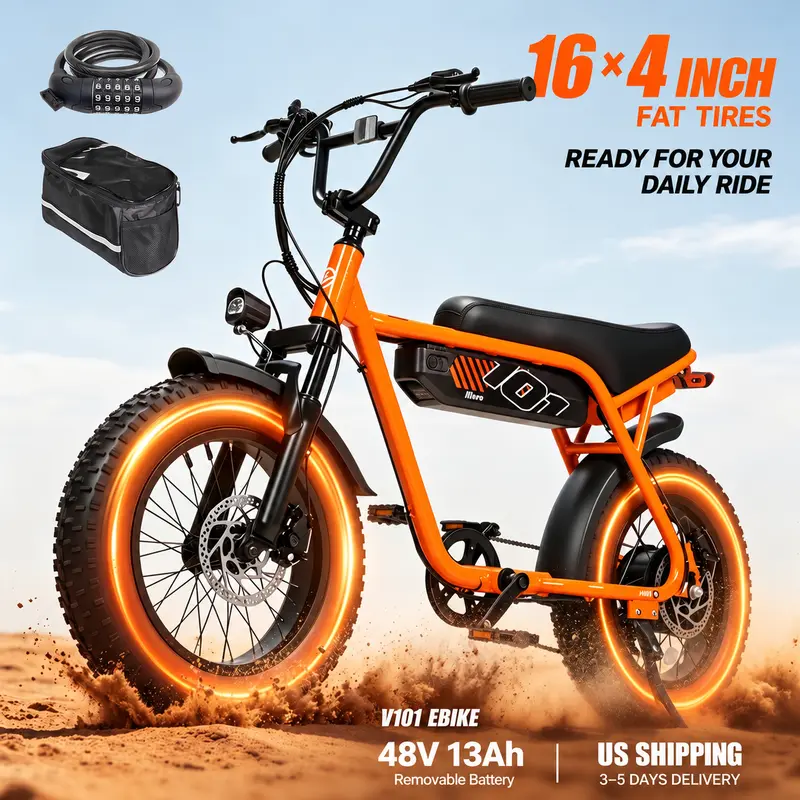 ESKUTE V101 Electric Bike for Adults - Up to 28MPH, 16x4.0 Fat Tire, 48V 13Ah Battery, 60-Mile Range (PAS 1), 330lb Load, 7-Speed, NFC Unlock, Moped-Style Frame, Urban Look, 750W Rated Motor, All-Terrain Ebike for Commuting, Christmas Gift, outdoorfun