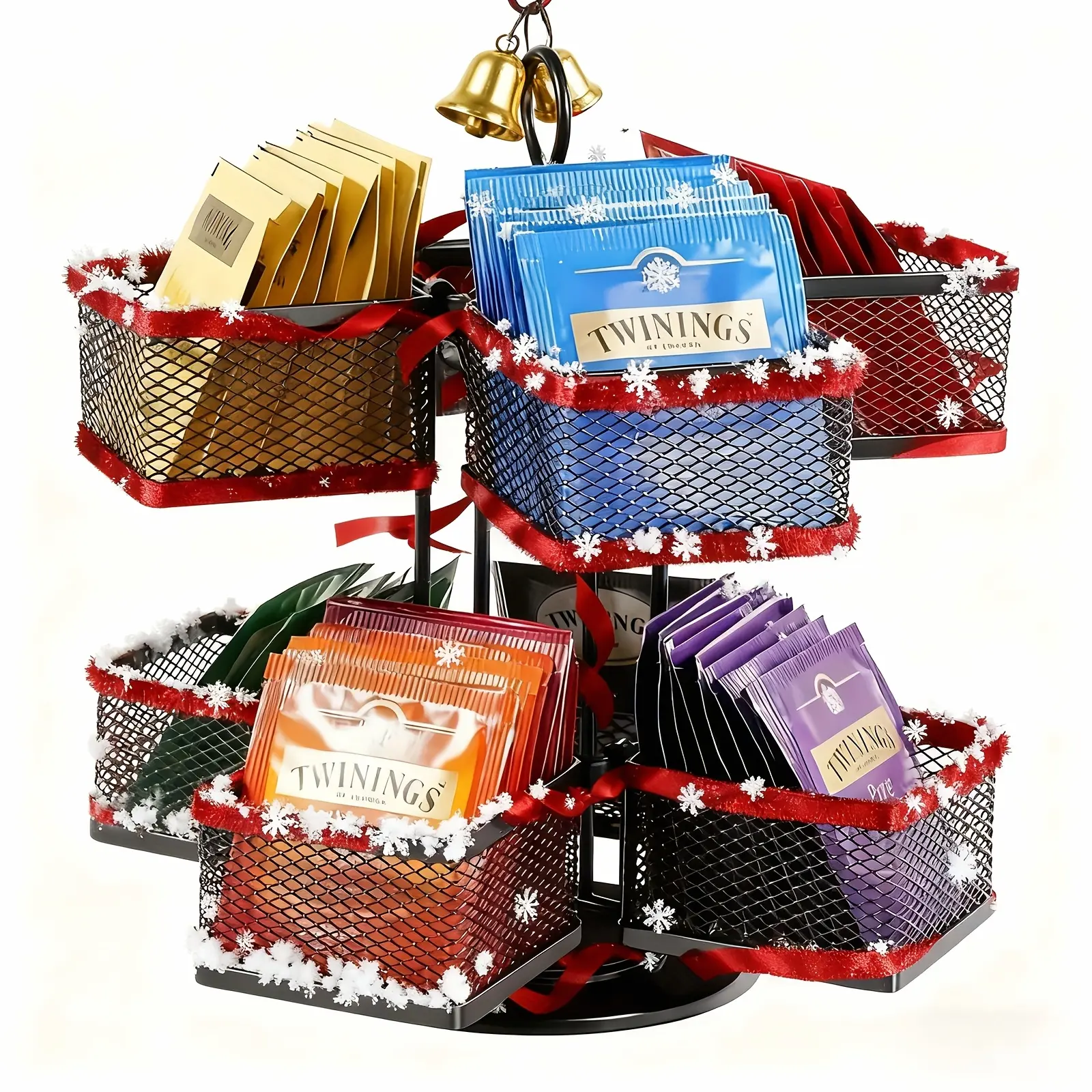 6-Compartment 360 Degree Spinning Tea Bag Organizer Storage Carousel With Lazy Susan Platform For Kitchen Counter Coffee Bar Office Home, Black