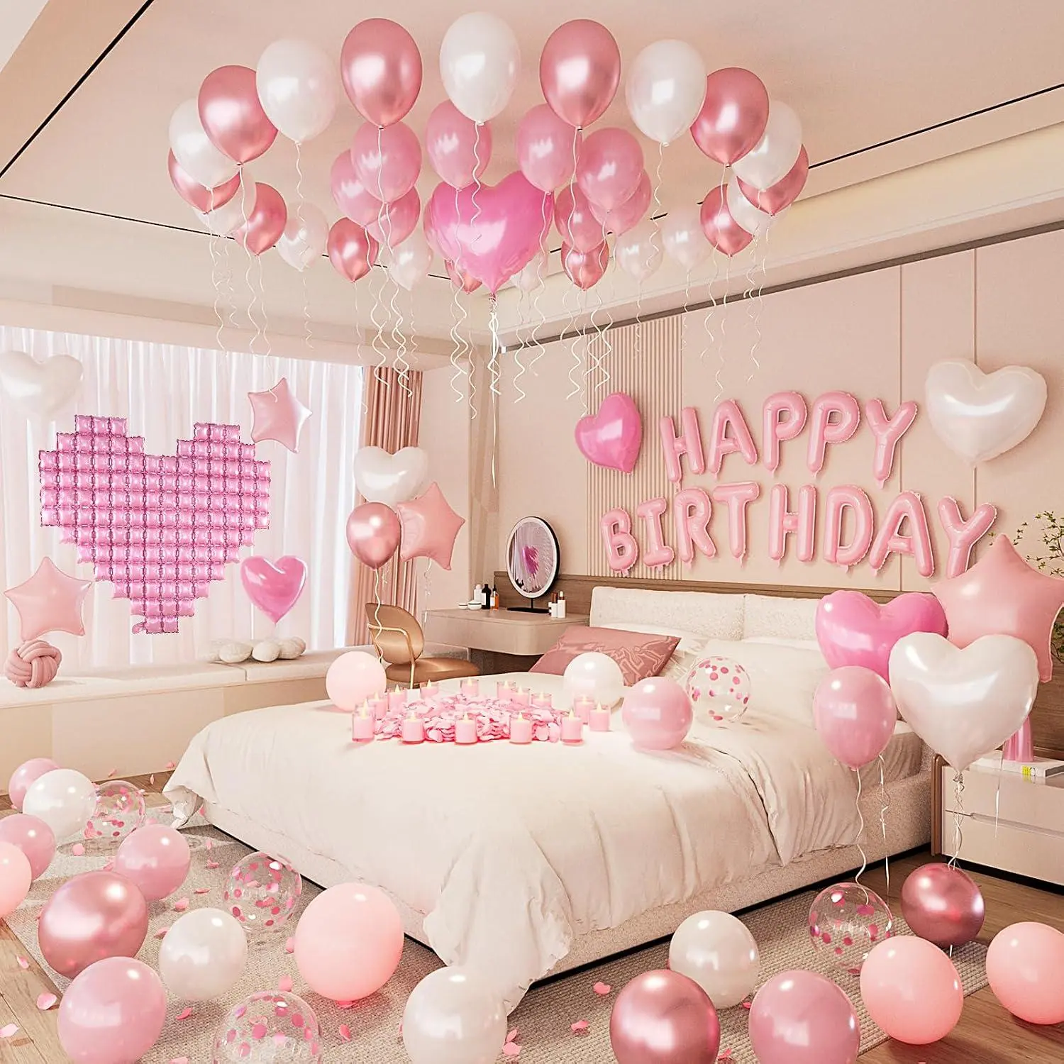 Pink Happy Birthday Decorations Balloons Kit, Party Decor Balloons With Happy Birthday Banne Heart Wall Aluminum Film White Confetti Foil Balloon,Pink Birthday Decorations