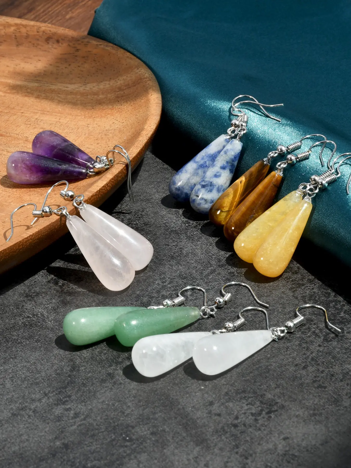 7 Pairs Natural Stone Crystal Earrings, Boho Chic Crystal Style Teardrop Dangle, Women's Jewelry, Summer Beach Party, Graduation, Mother's Day Gift, Dangle Earrings Set