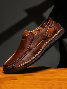 Men's Casual Stitching Design Leather Slip-on Loafers, 2024 New Style Fashionable Round Toe Flat Shoes for Daily Wear, Lightweight Breathable Comfortable Shoes for Men Footwear
