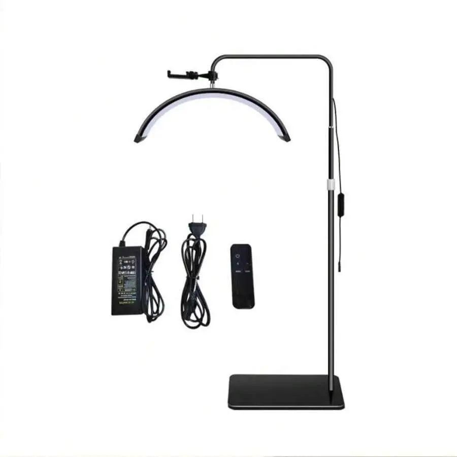 White Lighted Makeup Vanity Table with LED Floor Lamp - Home Indoor Furniture, AC Power Supply, Aluminium Build, Remote Control, Phone Stand, Half Moon Design, Adjustable Height/Brightness, Double Sliding Tub Door, Nail/Eyelash Extension Skin Care Use, Va