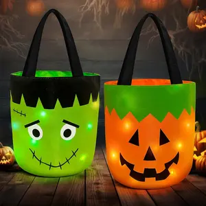 2 Pieces Halloween Candy Bucket with LED Light Trick or Treat Buckets Halloween Reusable Pumpkin Green Monster Candy Gift Baskets Party Supplies Favors