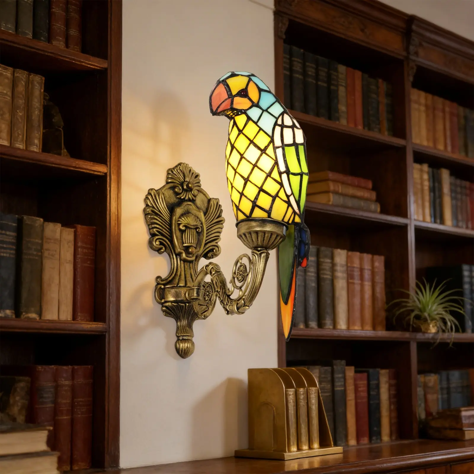 12.4 Inch Tiffany Style Stained Glass Parrot Wall Sconce, Antique Bronze Wall Lamp, for Bedroom Living Room Hallway Entryway Decor