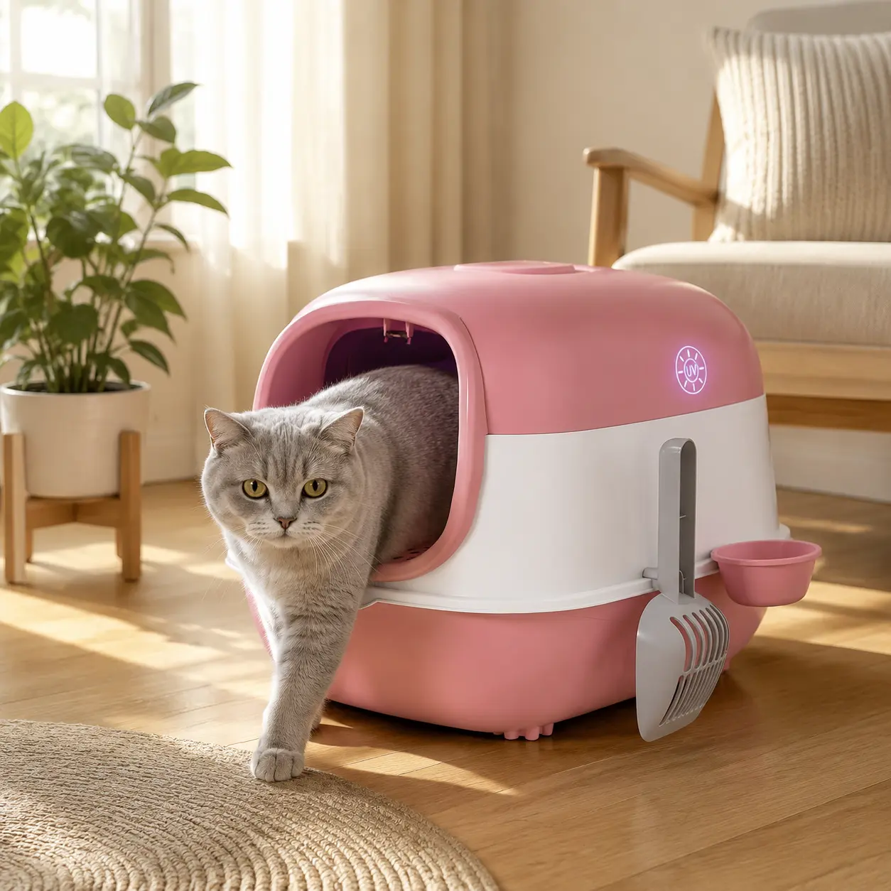 Off-White Color-Block Automatic Cat Litter Box with Flip Lid Sand Barrier, Fully Enclosed Design, UV Sterilization, Odor Control, Multifunctional Side Storage, Deodorizing Box, Large Household Spill-Proof Cat Bowl