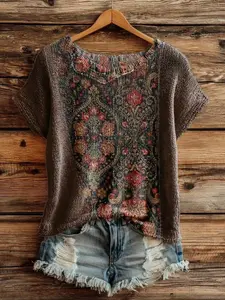 Elegant Boho Style Knit Top for Spring Fall, Loose Round Neck Short Sleeve Floral Print Women's Clothing, Casual for Everyday Wear