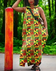 Plus-Size African-Inspired Full-Body Digital Print HoodedDress, Casual Pocket Sleeveless Tank Dress, Women's Plus-Size Clothing