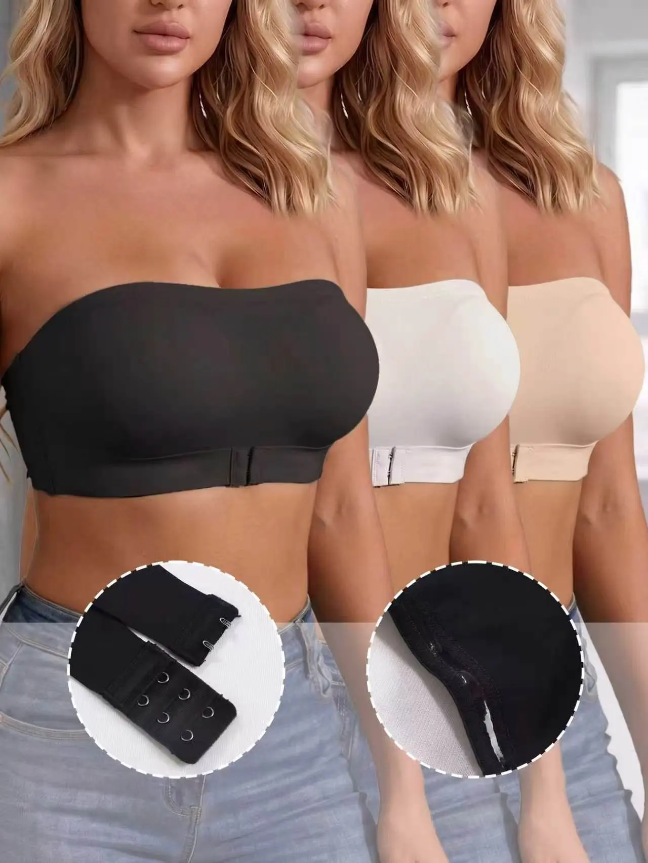 Women's 3-Pack Strapless Seamless Lace Bandeau Bras - Adjustable Back Closure, Push-Up Support, Anti-Sagging, Tummy Control, Arm Corset, Light Plain Fabric, Off Shoulder, Big Size, Invisible Under Strapless Dresses