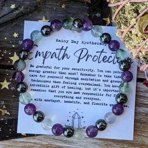 Natural Amethyst Green Fluorite Hematite Crystal Gemstone 6mm Round Beads Handmade Empath Protection Bracelet Healing Reiki for Men Women