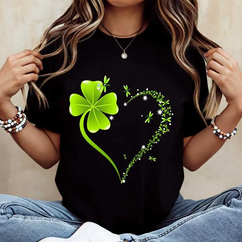 "Crew Neck T Shirt Four Leaf Clover Heart Design St Patrick's Day Celebration "