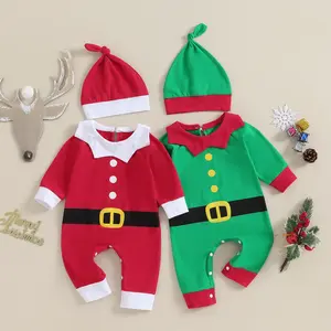 Newborn Baby My First Christmas Outfit Boy Girl Elf Santa Claus Costumes Long Sleeve Romper Jumpsuit with Hat Set