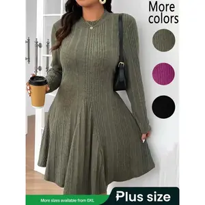 Plus Size 1-Piece Women’s Ribbed Knit Long-Sleeve Swing Dress, Casual Chic Style, Available in Multiple Colors, Flared Silhouette, Comfortable and Stylish, Suitable for Daily Wear, Work, and Casual Outings