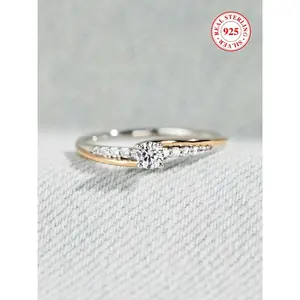 Sterling Silver 4mm Round Cut Solitaire Promise Ring Two-Tone Band with Side Stones Elegant Engagement Ring for Women Fashion Jewelry Gift