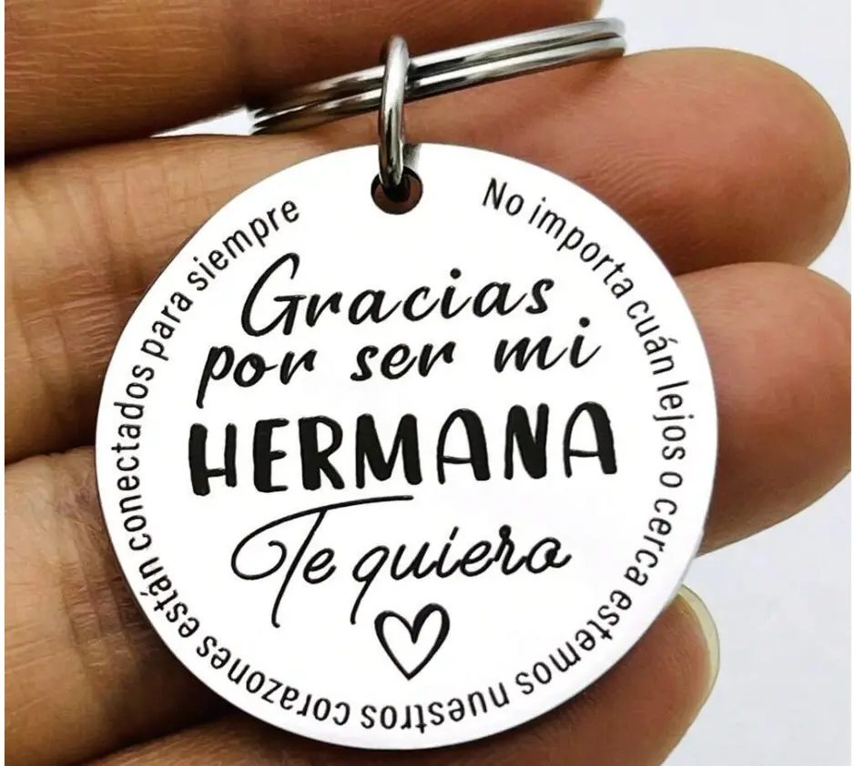 Personalized Round Stainless Steel Laser-Engraved Keychain Charm - Custom Designs, Engraved Message Charm Keychain for Sister, "Gracias por Ser Mi Hermana" Spanish Gift, Durable Fashion Accessory Keyring Jewelry, Laser Engraving sohochic
