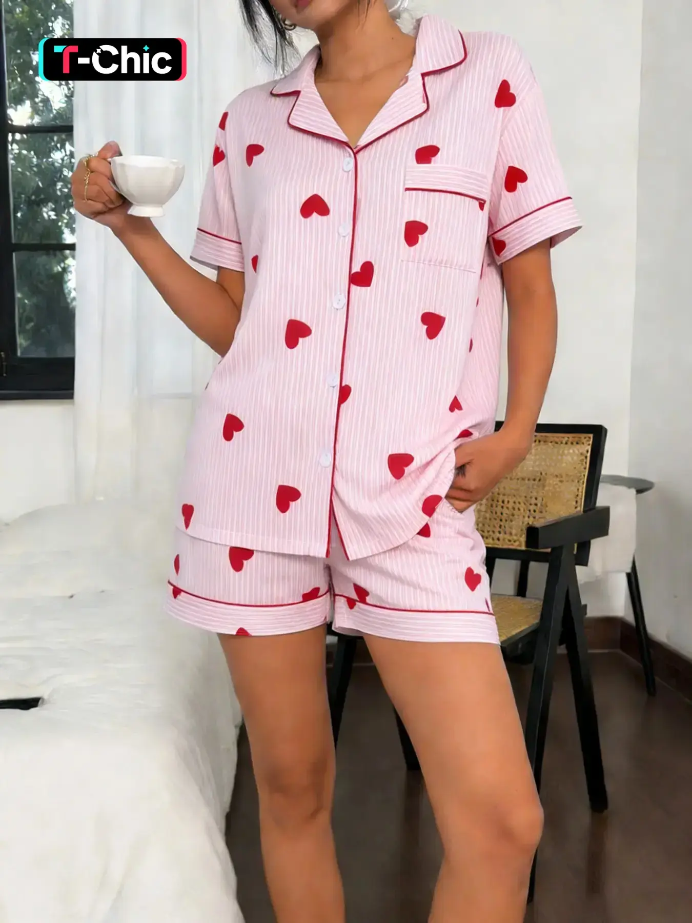 2-piece Valentine's Day women's make-up all over striped red heart print pattern short sleeved shorts lapel design top small pocket button closure elastic waistband for home daily casual women's loungewear, Homewear pajamas set, Pjs, Nightwear
