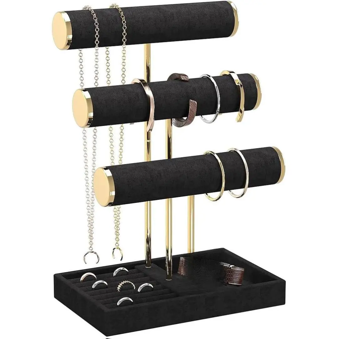 3 Tier Bracelet Holder Display,Jewelry Holder Organizer with Velvet Crossbar and Metal Frame,Necklace Earring Bracelet Display Holder for Women (Black) Elegant Choice Gift