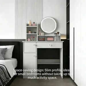 LED Lighted Vanity Desk with Storage, Small Makeup Vanity Table with Mirror, Bedroom Vanity Set for Small Spaces