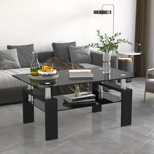 Modern Rectangle Tempered Glass Coffee Table, Double-Layer Clear Glass Center Table with Metal Frame for Living Room, Office