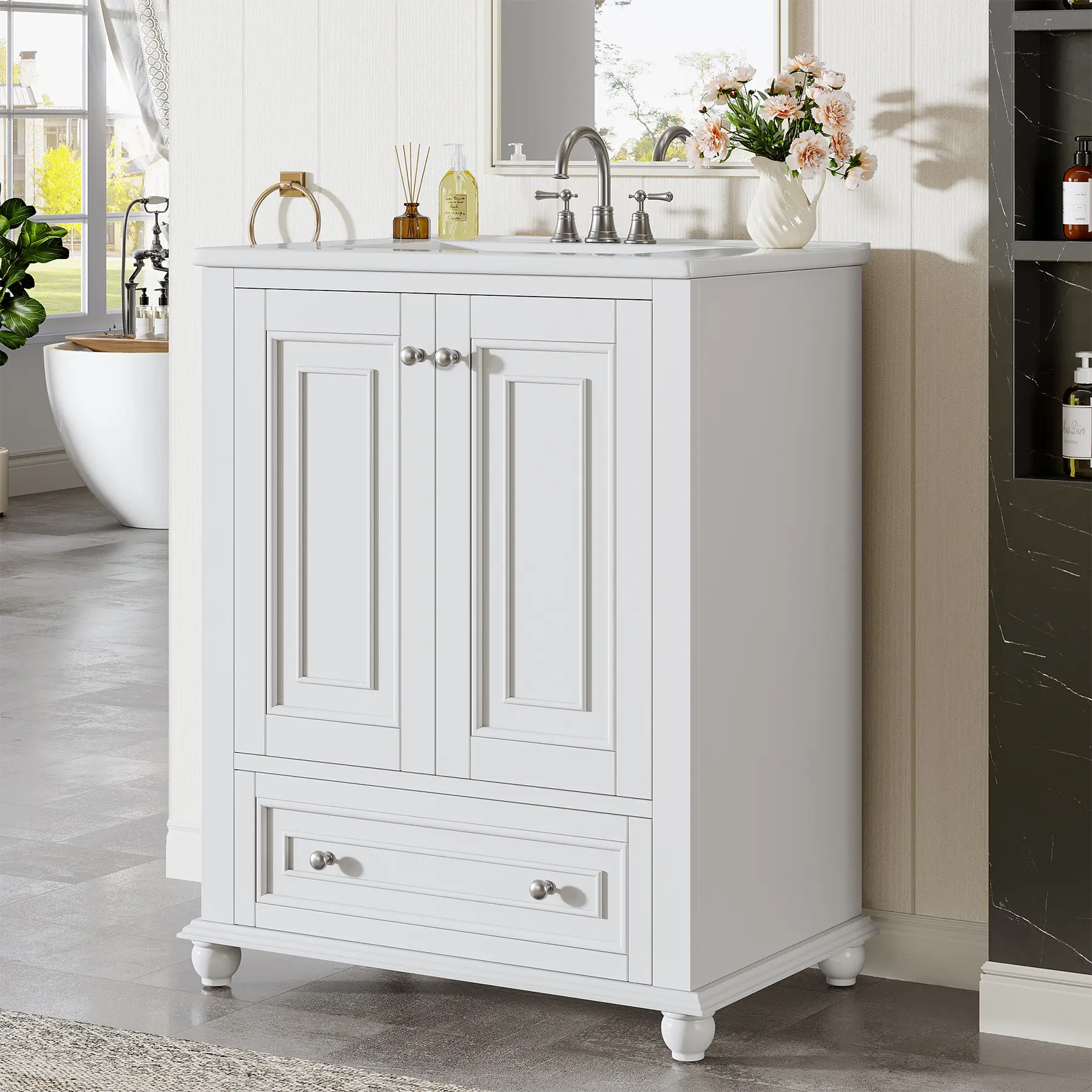 Tribesigns 24" Bathroom Vanity with Ceramic Sink Combo, Freestanding Bathroom Storage Vanity Cabinet with 2 Doors & 1 Drawer, Solid Wooden Frame & Coated Surface, Metal Handle homedecor