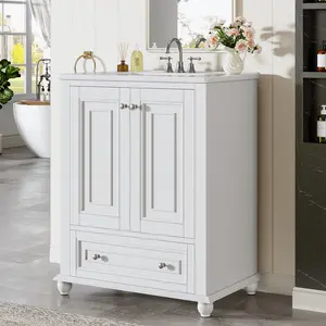 Tribesigns 24" Bathroom Vanity with Ceramic Sink Combo, Freestanding Bathroom Storage Vanity Cabinet with 2 Doors & 1 Drawer, Solid Wooden Frame & Coated Surface, Metal Handle