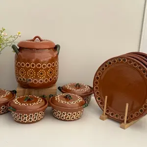 Mexican Vintage Table Setting 14pc Set Handmade in Michoacan Lead-Free Ceramic Tableware with 8" Cooking Pot 4 Plates 4 Bowls and Floral Design - Cutlery