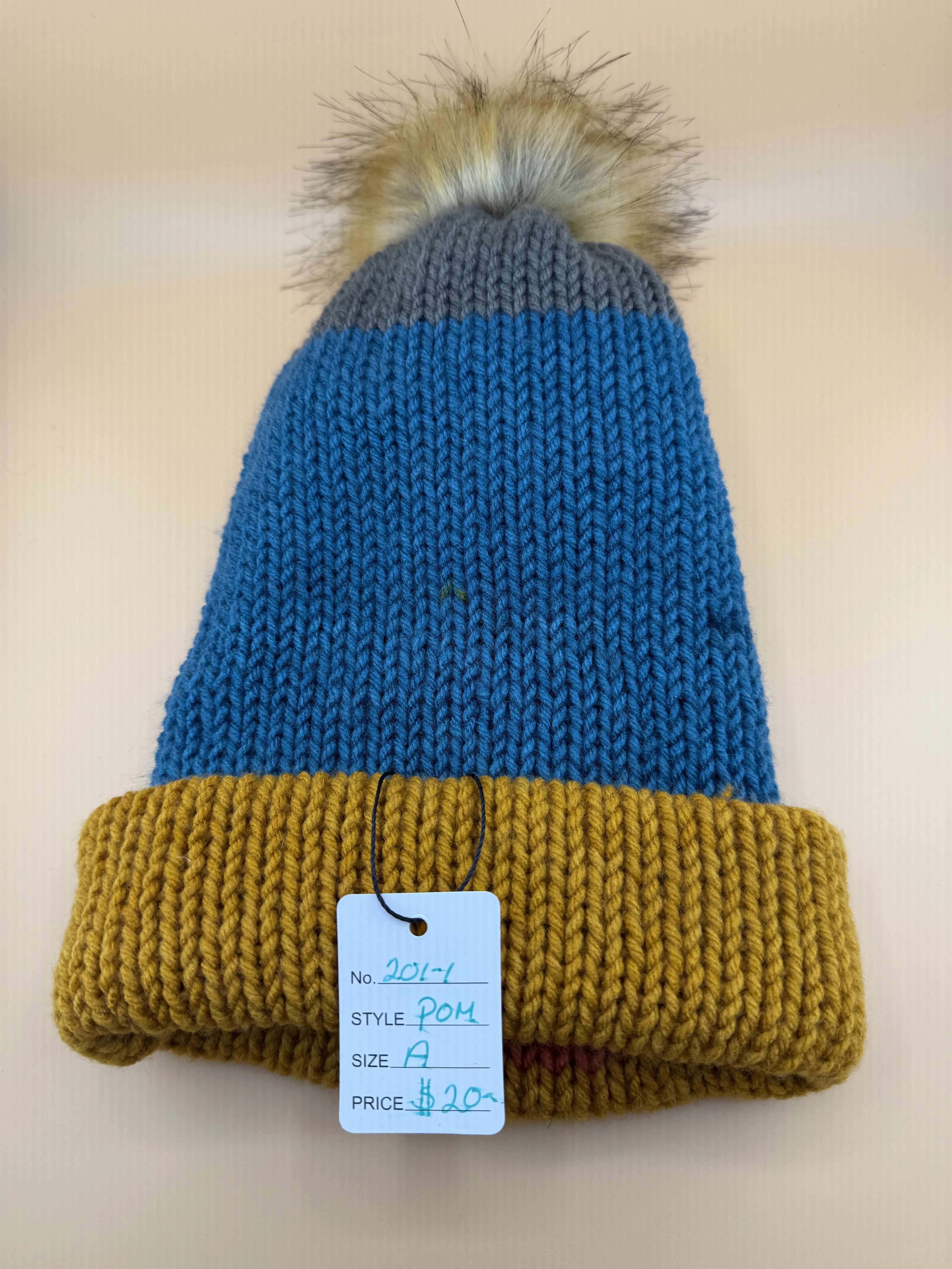 Boho Pom Hat - Blue & Mustard Knit Beanie with Fur Pom Pom for Casual Wear Soft Breathable Fabric Versatile for Indoor Outdoor Activities