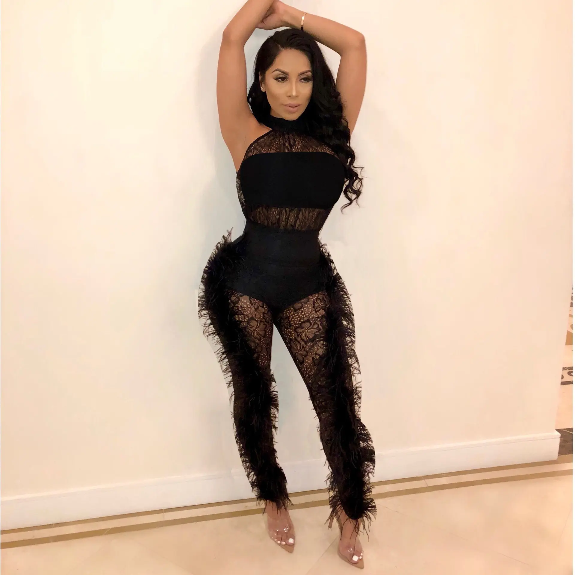 Spring/Summer Women's Sexy Solid Color Feather Edge Jumpsuit