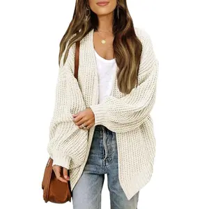 Women's Lantern Sleeve Thick Knit Cardigan, Pocket Knitted Sweater Women's Trendy Coat