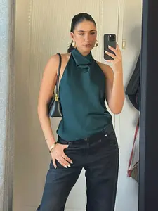 Summer Women's Halter Top Sleeveless Vest Satin Backless Cute Top Black Pink White Streetwear Elegant Women's Top Casual Brown Sexy Top