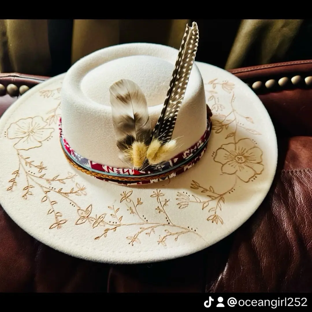 Introducing the “Bristol Bay”  Cream color floral- the band can be customized or ordered just like or it is.  Under the brim can be personalized with a name, you’re, lyrics from a song, etc.  Ize is adjustable inside for your perfect fit.