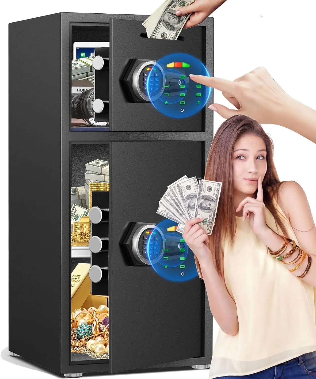 Large Safe Box Fireproof Waterproof, Money Safe With Mute Function and LED Light,Digital Keypad Home Safes with Deposit Slot & Dual Alarm System, Security Box for Money Valuables