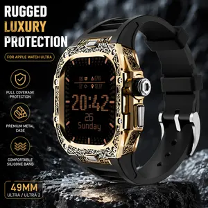 Rugged Sport Band with Metal Protective Case Compatible with Apple Watch Ultra 2 / Ultra 49mm, Liquid Silicone Integrated Strap with Stainless Steel Alloy Cover, Outdoor Workout Daily Use Wristband for iWatch