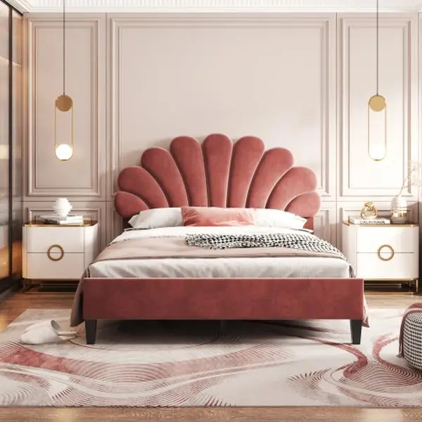 【Bellemave】Full/ Queen Size Upholstered Platform Bed with Flower Pattern Velvet Headboard 【Bellemave】Full/ Queen Size Upholstered Platform Bed with Flower Pattern Velvet Headboard