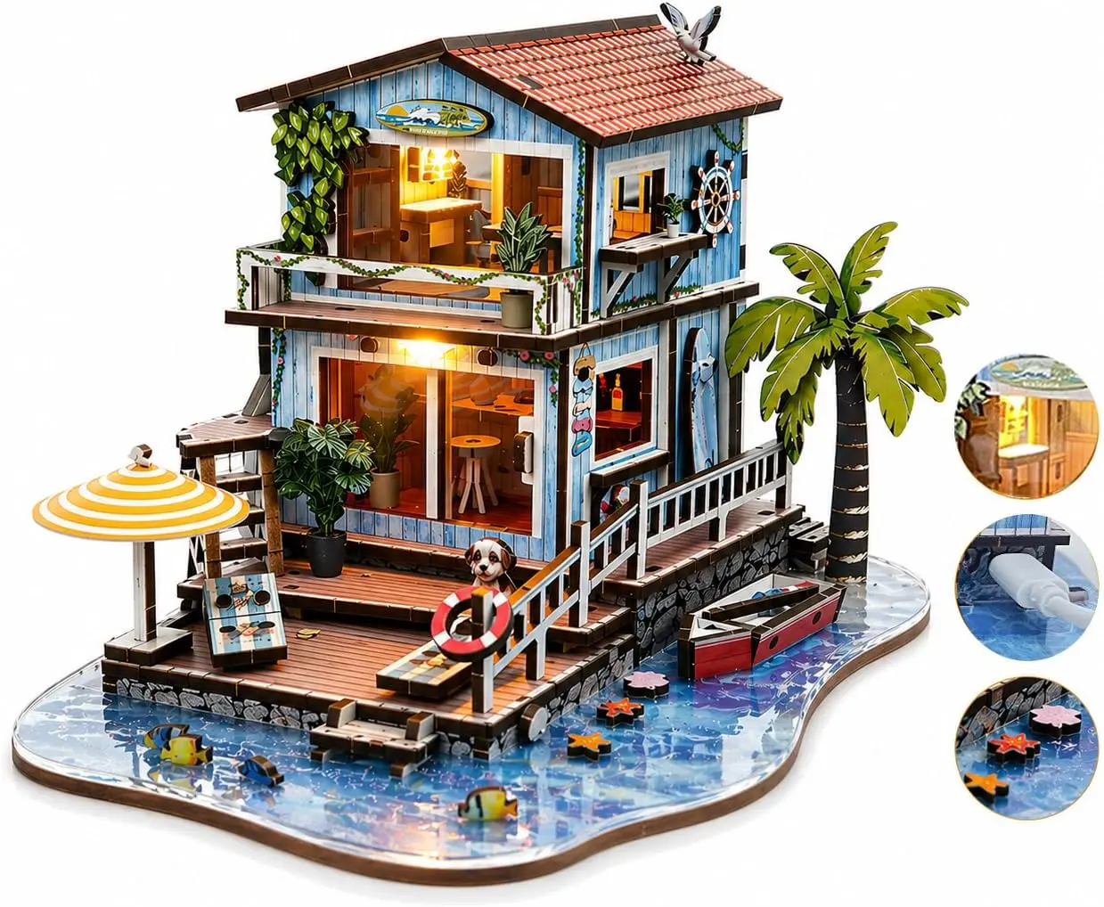 3D Wooden Puzzles for Adults, Seaside Cabin DIY Miniature House Kit with LED Light, Creative Booknook Kit, Ocean Theme Dollhouse Model Building Kit(244 pcs)