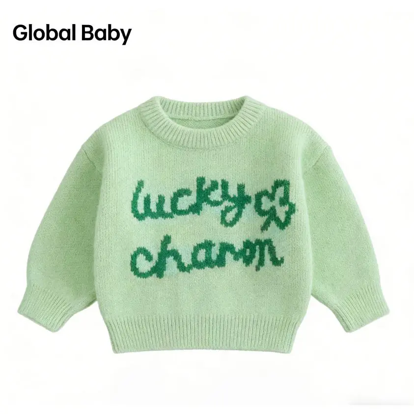 Global Baby St. Patrick's Day Baby Spring Romper Loose Fit Shamrock Letter Embroidered Crew Neck Long Sleeve Infant  Toddler Baby Irish Festival Sweater Shamrock Letter Embroidery Long