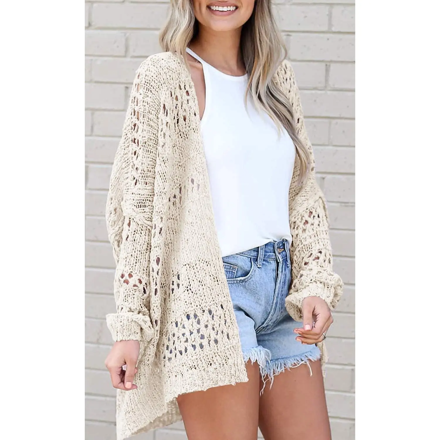 Women's Crochet Cardigan Kimono Boho Long Sleeve Lightweight Soft Oversized Open Front Knitted Sweater