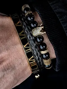 Men's Bracelet Set, Rhinestone Crown Decor Beaded Bracelet & Braided Bracelet & Vintage Roman Numerals Adjustable Cuff Bracelet, Trendy Exquisite Jewelry for Gift