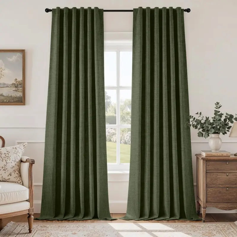 100% Blackout Faux Linen Olive Green Heavy Curtains - 2 Panels, 84 in Tall, Rod Pocket & Back Tab, Rustic Modern Farmhouse Decor for Living Room, Entryway, Privacy & Sun Softening, Heavy Curtain, Blackout Curtains
