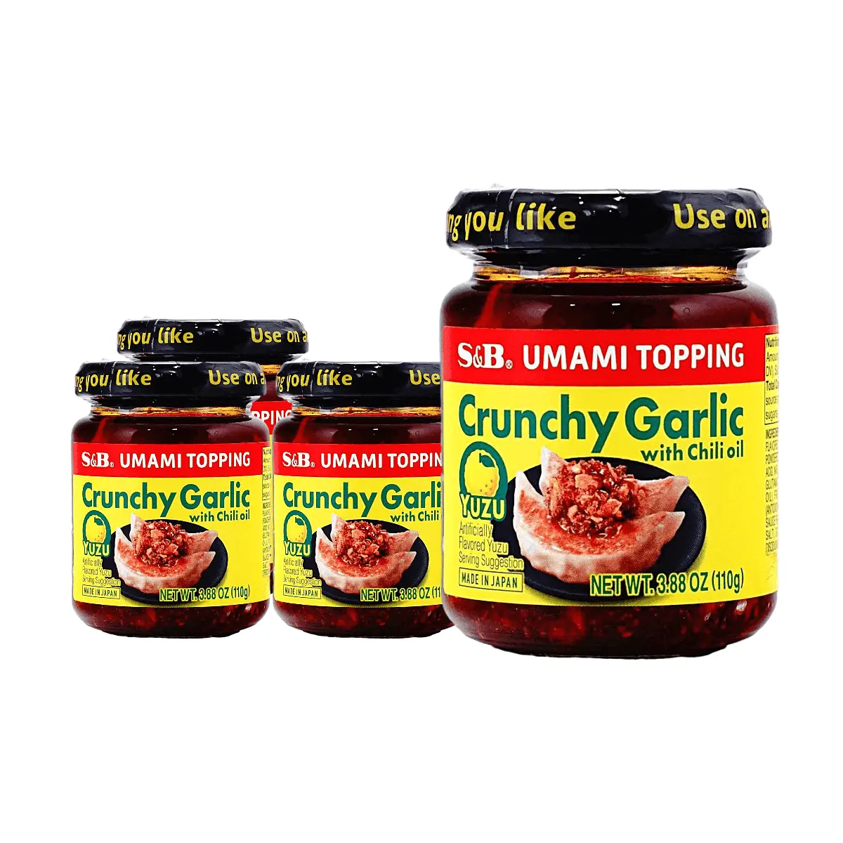 S&B Japanese UMAMI Crispy Garlic Chili Oil with Yuzu Flavor - 4 Pack Value Size, 110g Each - Savory Topping for Rice, Noodles & More