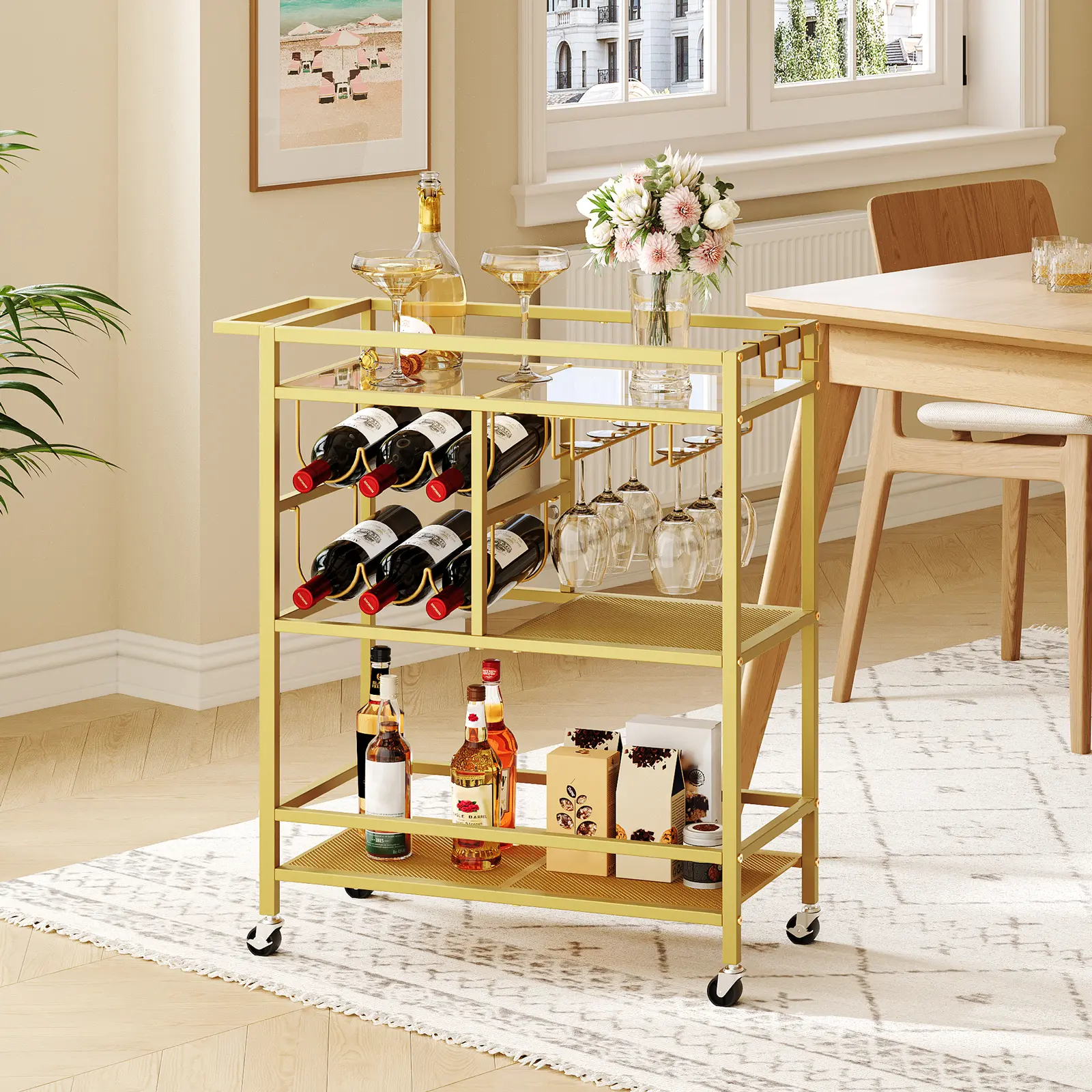 MAHANCRIS 3-Tier Bar Cart, Serving Cart with Wheels and Handle, Beverage Cart with Wine Rack and Glass Holders, Gold, Open Display Shelf Organizer Trolley #SummerVibes#DealsforYouDays #SummerGarden