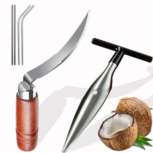 Coconut Opener Tool Set with Straws & Brush Stainless Steel Coconut Puncher and Coconut Meat Remover Scraper Knife with Durable Non-Slip Wooden Handle, Coconut Punch Tools