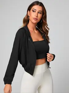 Sport Studio Women's Zipper Closure Drop Shoulder Elastic Hem Jacket, Fashionable Active Wear for Women, Stylish Sports Clothing, Yoga Jacket Top