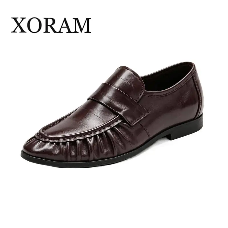 XORAM Men's Black-On-Black Minimalist Soft Loafers - Round Toe Patent Leather Slip-On Flats, Rubber Sole Daily Casual Old Money Footwear 25445