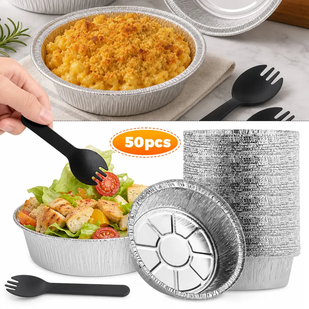Heavy-Duty 50-Pack 6in Deep (1.35in) Round Aluminium Foil Tin Trays Bowls with 50-Pack Disposable Cutlery Set - Oven-Safe Reusable Cookware for Baking Tart, Cheesecake - Ideal for Parties, Picnics