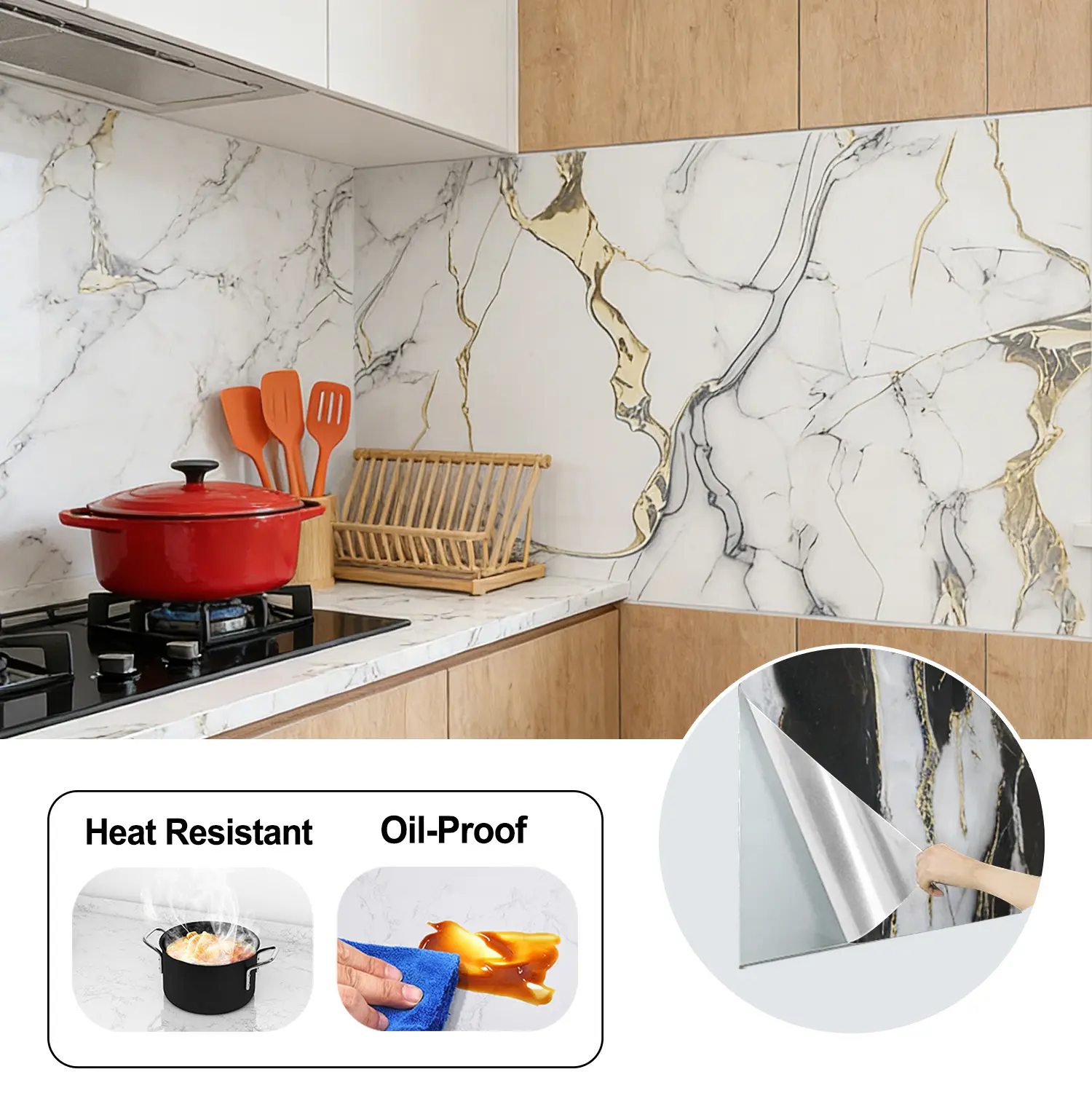 Gloss Veins Marble Granite Peel-and-Stick Contact Paper, Decorative Wallpaper for Kitchen Countertops, Cabinet Wrap, Bathroom Marble Backsplash DIY Adhesive Laminate Sheets, Marble Backsplash Wallpaper