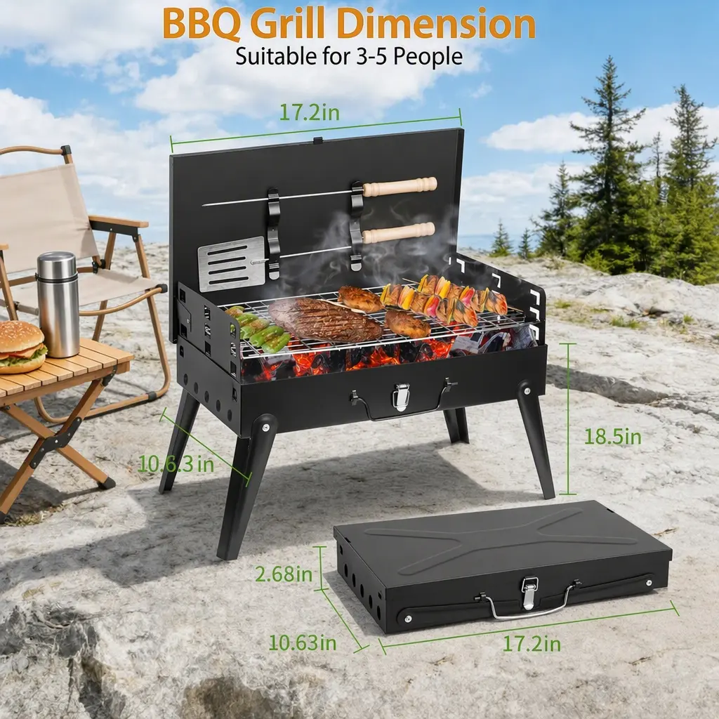 Portable Tabletop Charcoal Barbecue Grill, Foldable Design with Wood Handles - Lightweight for Camping, Backyard Cookouts & Small Groups, Outdoor Cooking Barbecue, Portable Bbqs, Charcoal Grills Bbq, Heat-Resistant Handles, Collapsible Portable Barbecues