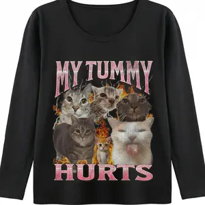 Summer Long-Sleeved MYTUMMY HURTS Cat Meme Casual Top, Soft Cotton, Everyday Style, Versatile Piece. Top Crewneck Crewneck