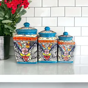Set of 3 Light Blue Talavera Canister Set | Mexican Pottery from